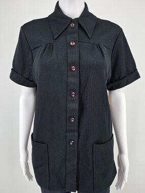 Vintage 1970s Land 'N Sea Pointed Collar Contrast Button Black Tunic Shirt (M)
